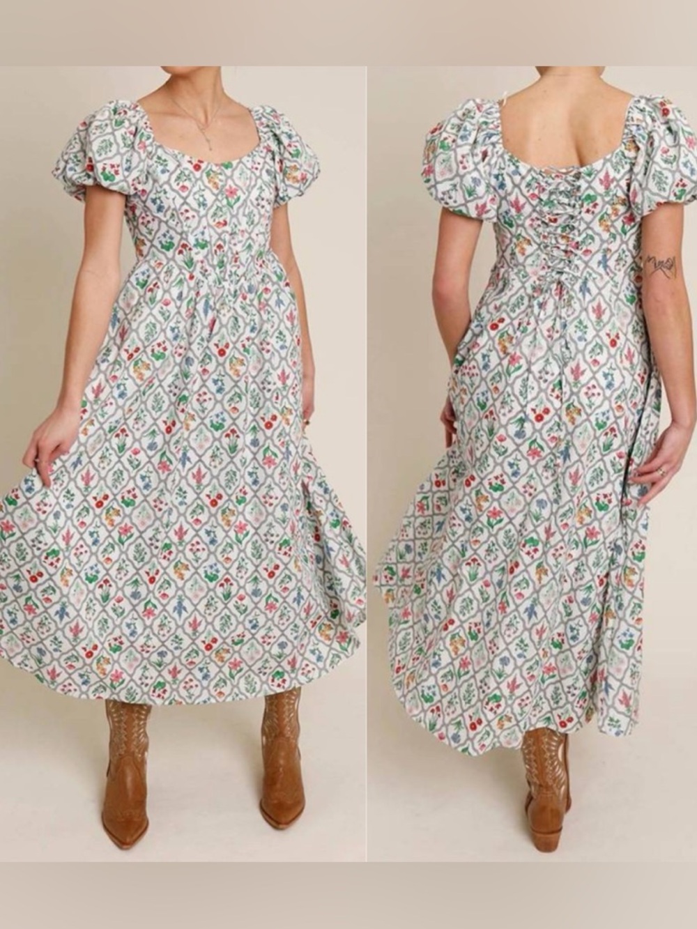 Moon River Wildflower Basque Waist Puff Sleeve Corset Midi Dress 🌷🌷🌷